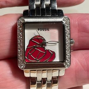 Fossil Heart Watch Women Pave Silver Tone Square Dial Bling ES-2352, 8.25”